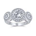 Art Deco Vintage Style Three Stone Halo CZ Engagement Ring