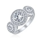 Art Deco Vintage Style Three Stone Halo CZ Engagement Ring - Image 2