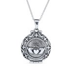 Vintage Style Celtic Round Claddagh Locket Necklace Pendant .925 Sterling Silver
