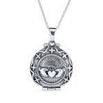 Vintage Style Celtic Round Claddagh Locket Necklace Pendant .925 Sterling Silver