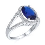 10CT Solitaire Sapphire Blue Oval Halo CZ Cocktail Ring Split Band - Image 2