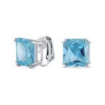 12MM Princess Cut Cubic Zirconia Aqua Blue CZ Solitaire Statement Clip On Stud Earrings Non Pierced
