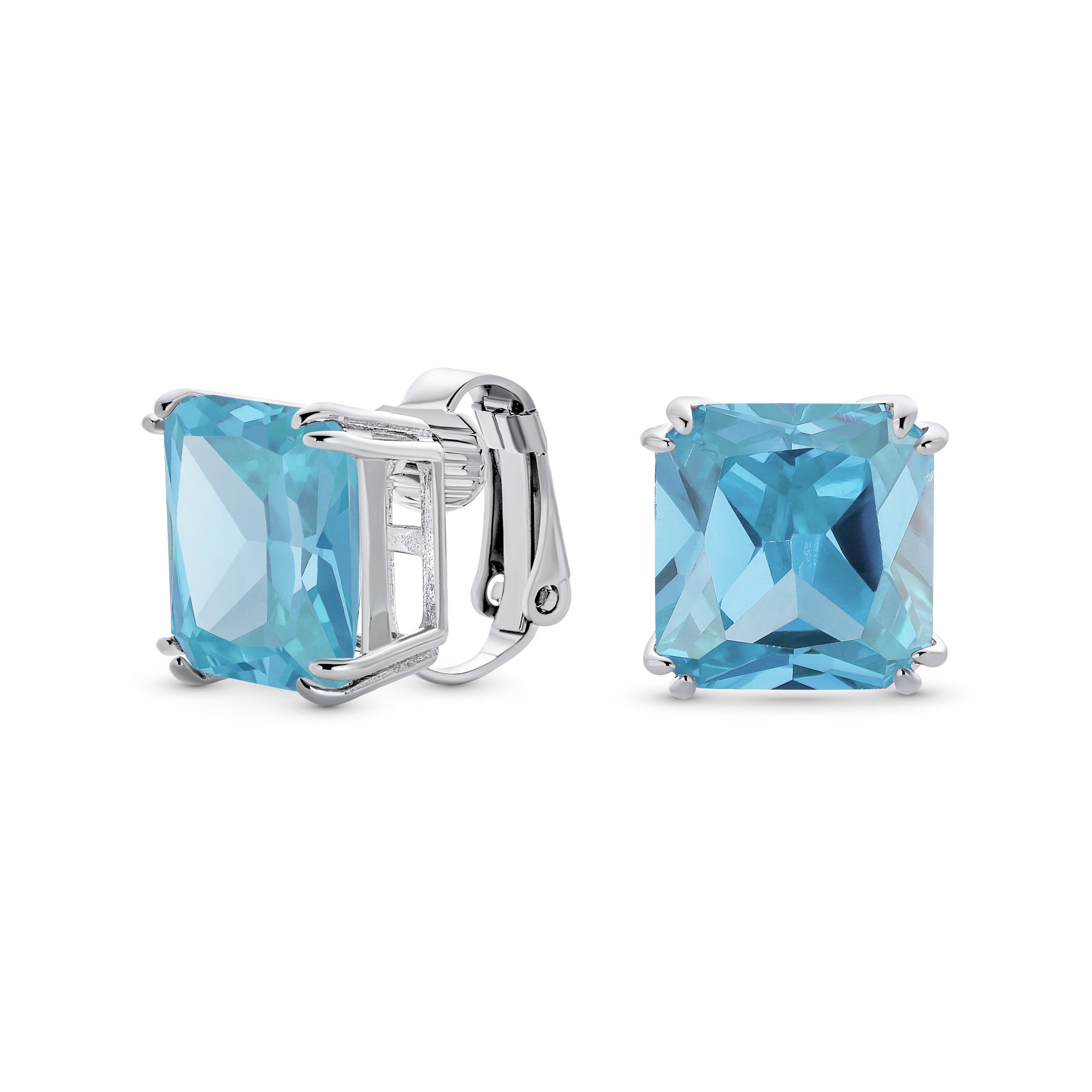 classic-large-emerald-cut-blue-earrings_221934aq_11 12MM Princess Cut Cubic Zirconia Aqua Blue CZ Solitaire Statement Clip On Stud Earrings Non Pierced - Image 1