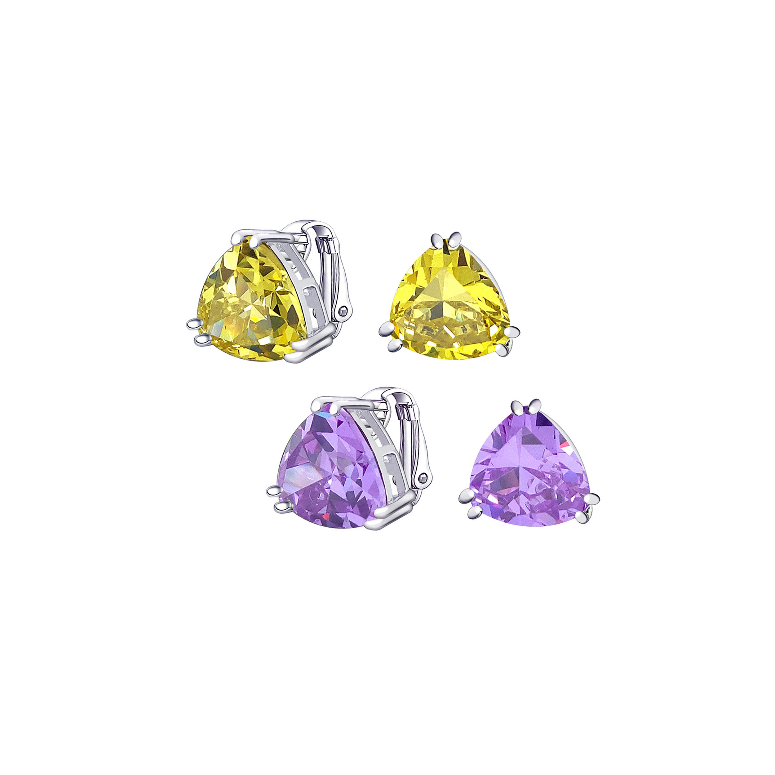 classic-large-emerald-cut-earrings-traingle-clip-on-my-be221936-set2-az Set of 2 Large Triangle Purple Yellow CZ Solitaire Clip-On Earrings 12MM - Image 1
