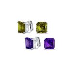 Set of 2 Large 5CT Purple Olive Green Square CZ Solitaire Clip-On Earrings 12MM