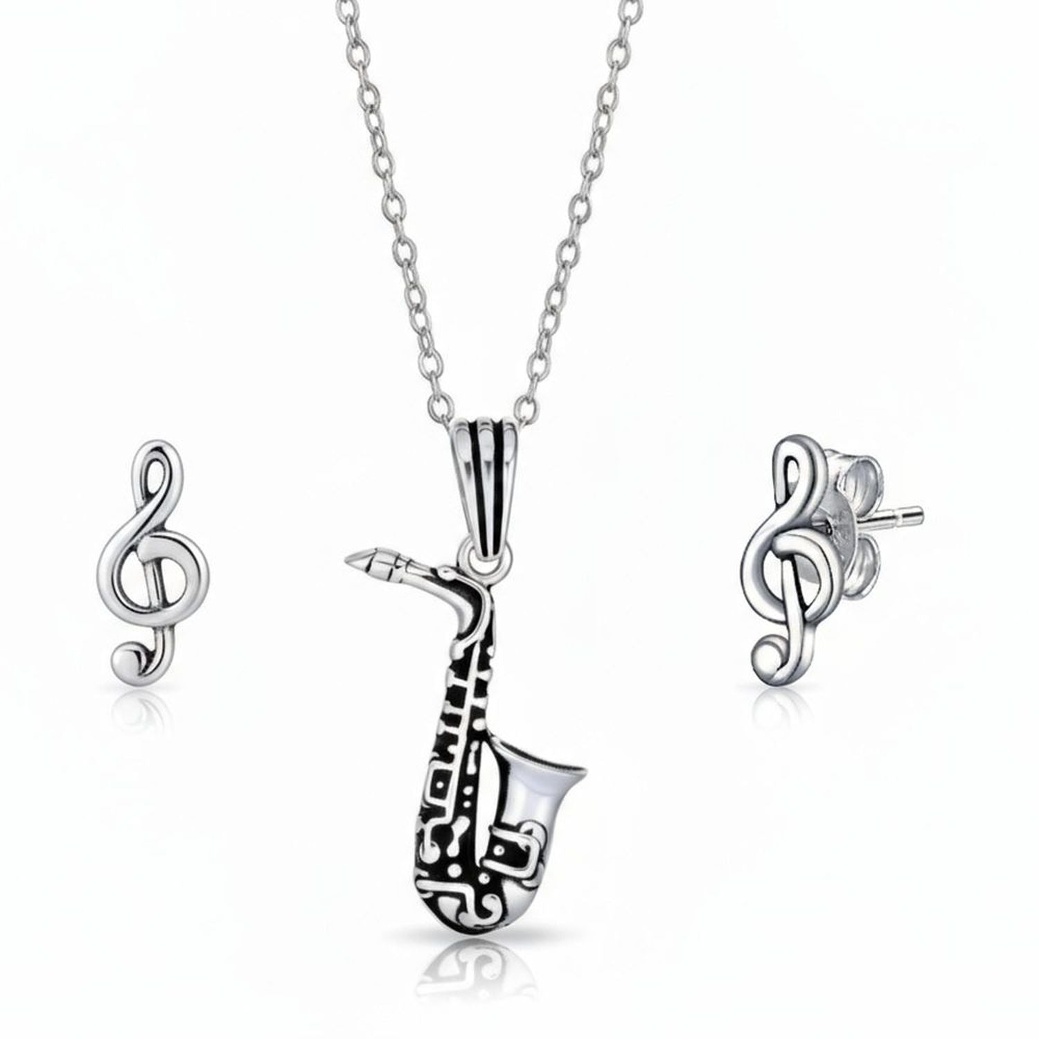 classic-musician-teacher-jazz-instrument-pendant-music-note-stud-pts-ku-208-set-az Music Lovers Saxophone Necklace & Treble Clef Stud Earrings Set Sterling Silver - Image 1