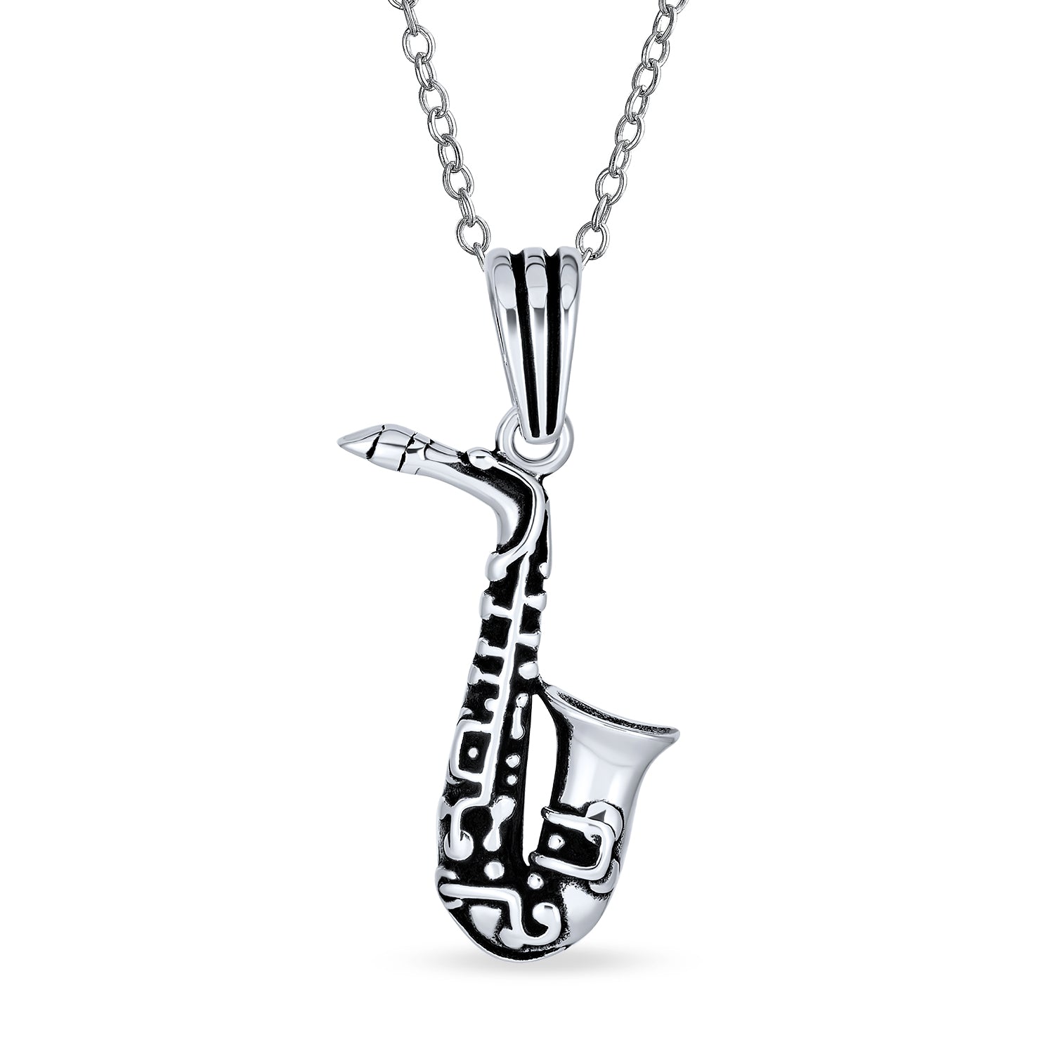 classic-musician-teacher-jazz-instrument-pendant-pts-ku-208 Saxophone Instrument Pendant Necklace for Musician Jazz Lover Silver Chain - Image 1