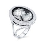 Vintage Women Lady Portrait Oval Black Cameo Ring .925Sterling Silver - Image 2
