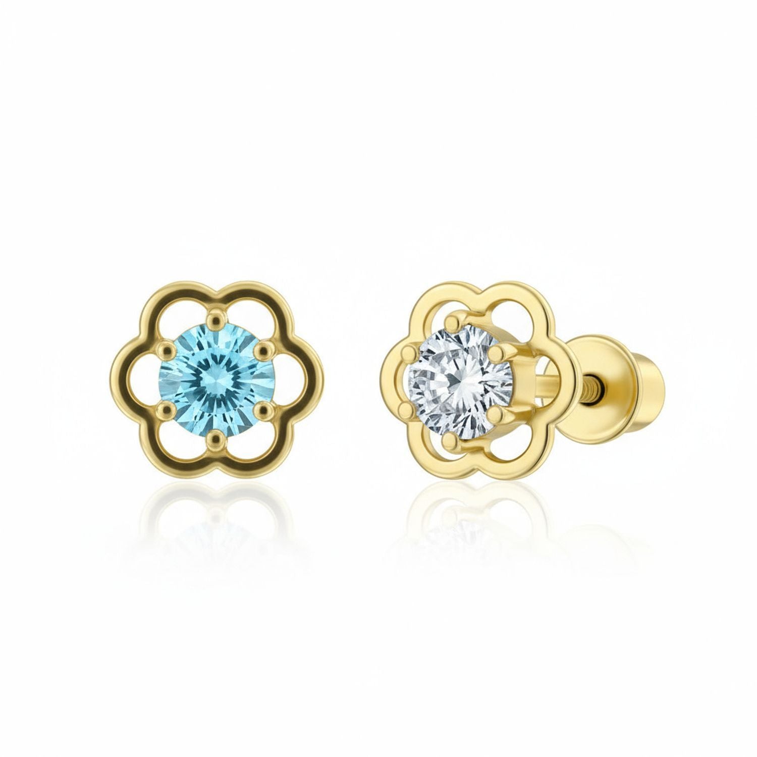 clear-blue-cz-open-flower-stud_eh-eje35471h-1p-set-az Set of 2 Tiny Blue & Clear CZ Flower Stud 1 Piece Cartilage Earring 14K Gold 4MM - Image 1