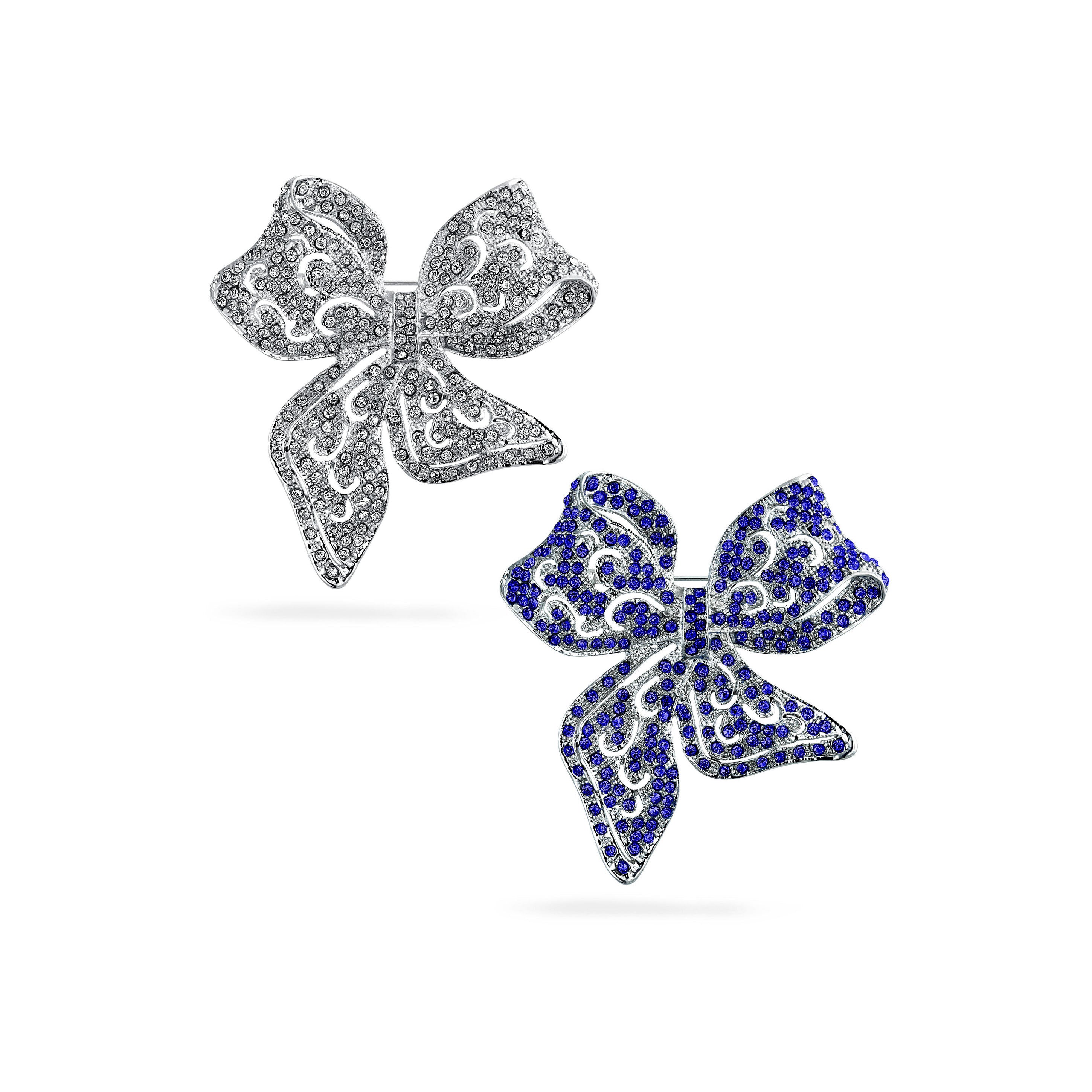 clear-crystal-bridal-bow-pin_dsh-bt3096-set-az Set of 2 Victorian Vintage Clear Blue Crystal Bridal Brooch Pin Silver Plated - Image 1