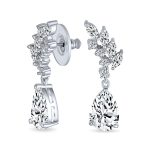 Cubic Zirconia Leaf Motif CZ Teardrop Dangle Chandelier Earrings Silver Plated