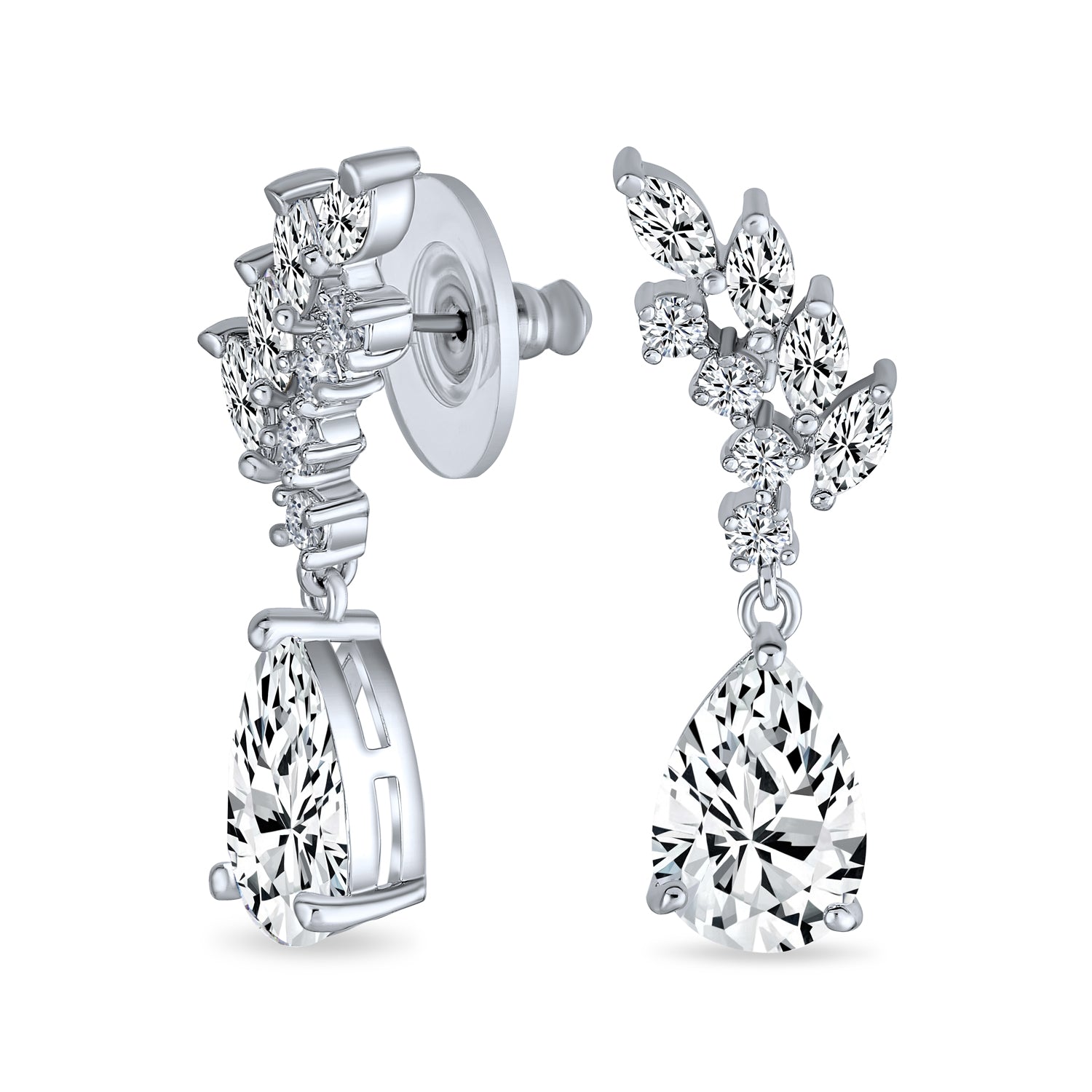 clear-cz-marquise-leaves-cz-teardrop-earrings_lm-e1298-az_1 Cubic Zirconia Leaf Motif CZ Teardrop Dangle Chandelier Earrings Silver Plated - Image 1