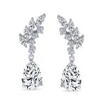 Cubic Zirconia Leaf Motif CZ Teardrop Dangle Chandelier Earrings Silver Plated - Image 2
