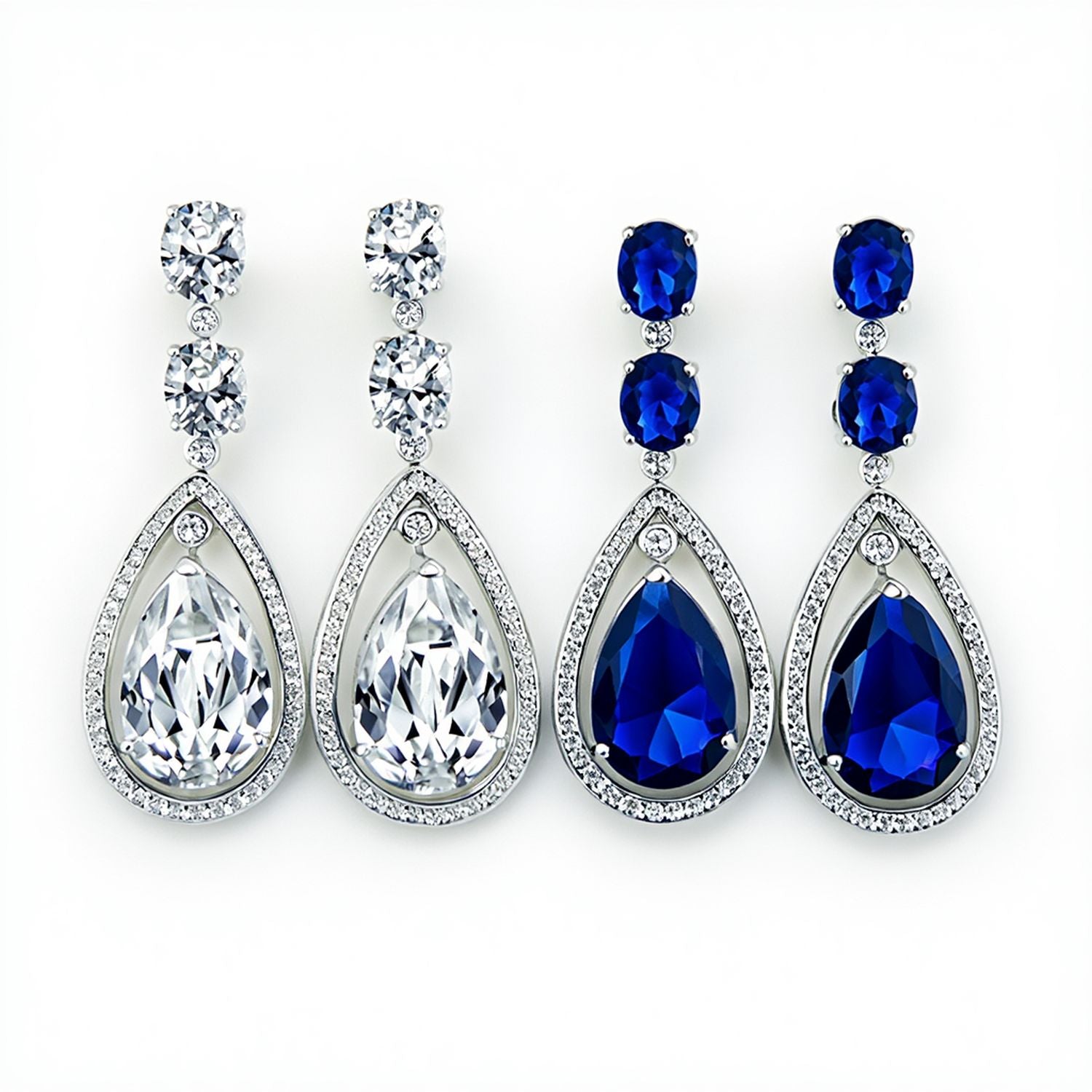 clear-earrings-cz-blue-teardrop_dt-le0021-cl-set-az Set of 2 15CT Art Deco Wedding Gemstone Clear & Blue CZ Halo Chandelier Earrings - Image 1
