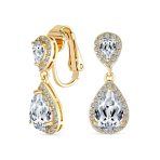 Classic Bridal Cocktail Halo Cubic Zirconia Blue CZ Double Solitaire Teardrop Dangle Clip On Earrings - Image 5