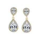Classic Bridal Cocktail Halo Cubic Zirconia Blue CZ Double Solitaire Teardrop Dangle Clip On Earrings - Image 16