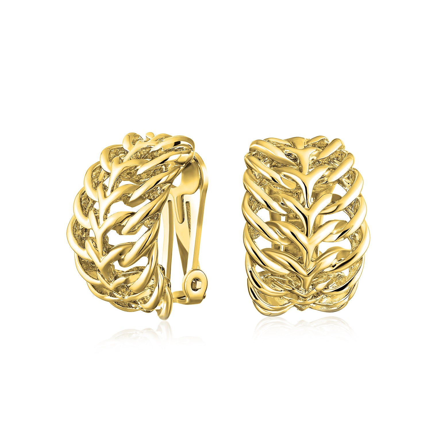 clip-earrings-weave-gold-leaf_ag-se9918gl-az_1 Open Weave Leaf Feather Motif Wide Half Hoop Clip On Earrings Non Pierced Ears - Image 1