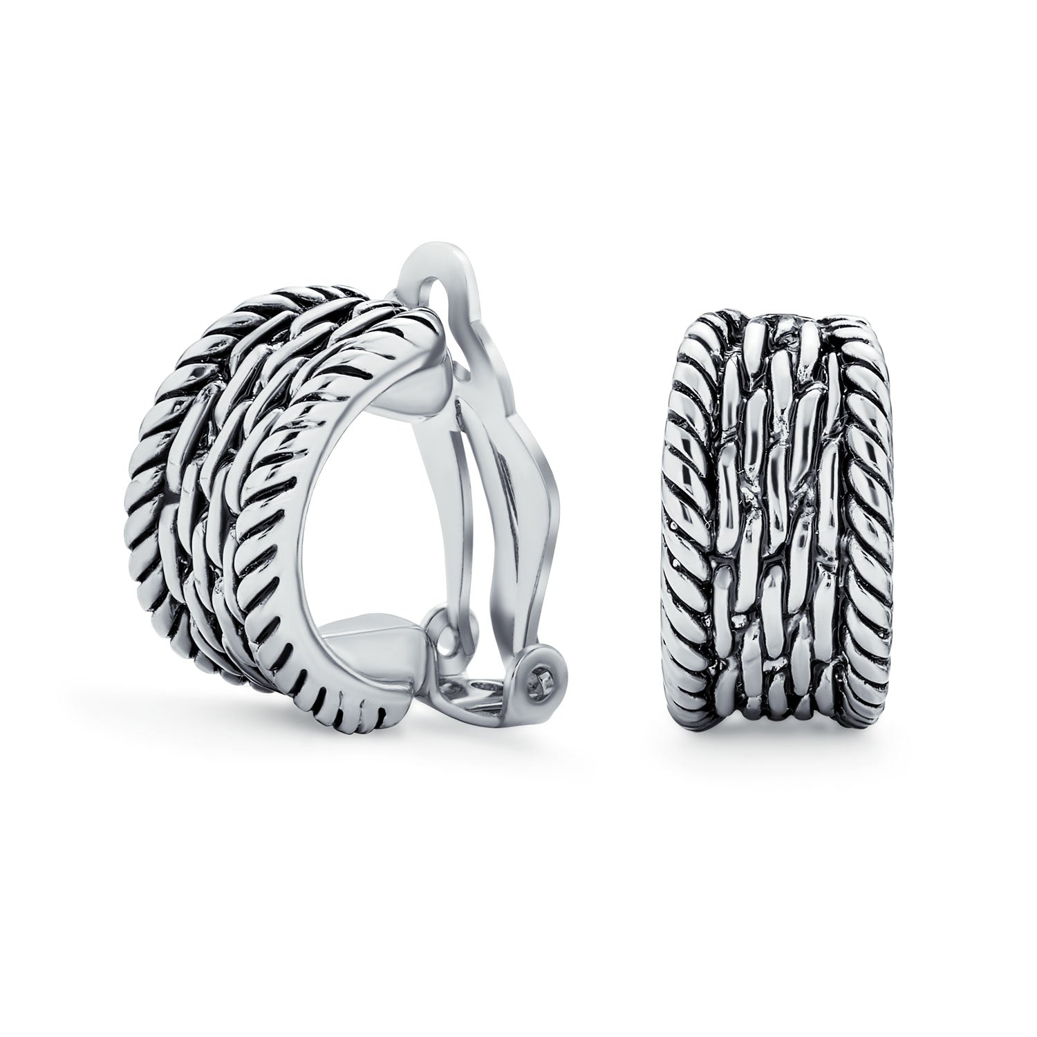 clipon-earrings-silver-cable-half-hoop_ag-se-3151-as_1 Fashion Cable Weave Wide Half Hoop Clip On Earrings Non Pierced Ears Oxidized - Image 1