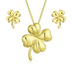 Lucky Charm Clover Pendant Stud Earrings Jewelry Set Gold Plated .925 Sterling Silver - Image 2