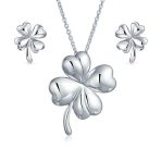 Lucky Charm Clover Pendant Stud Earrings Jewelry Set Gold Plated .925 Sterling Silver