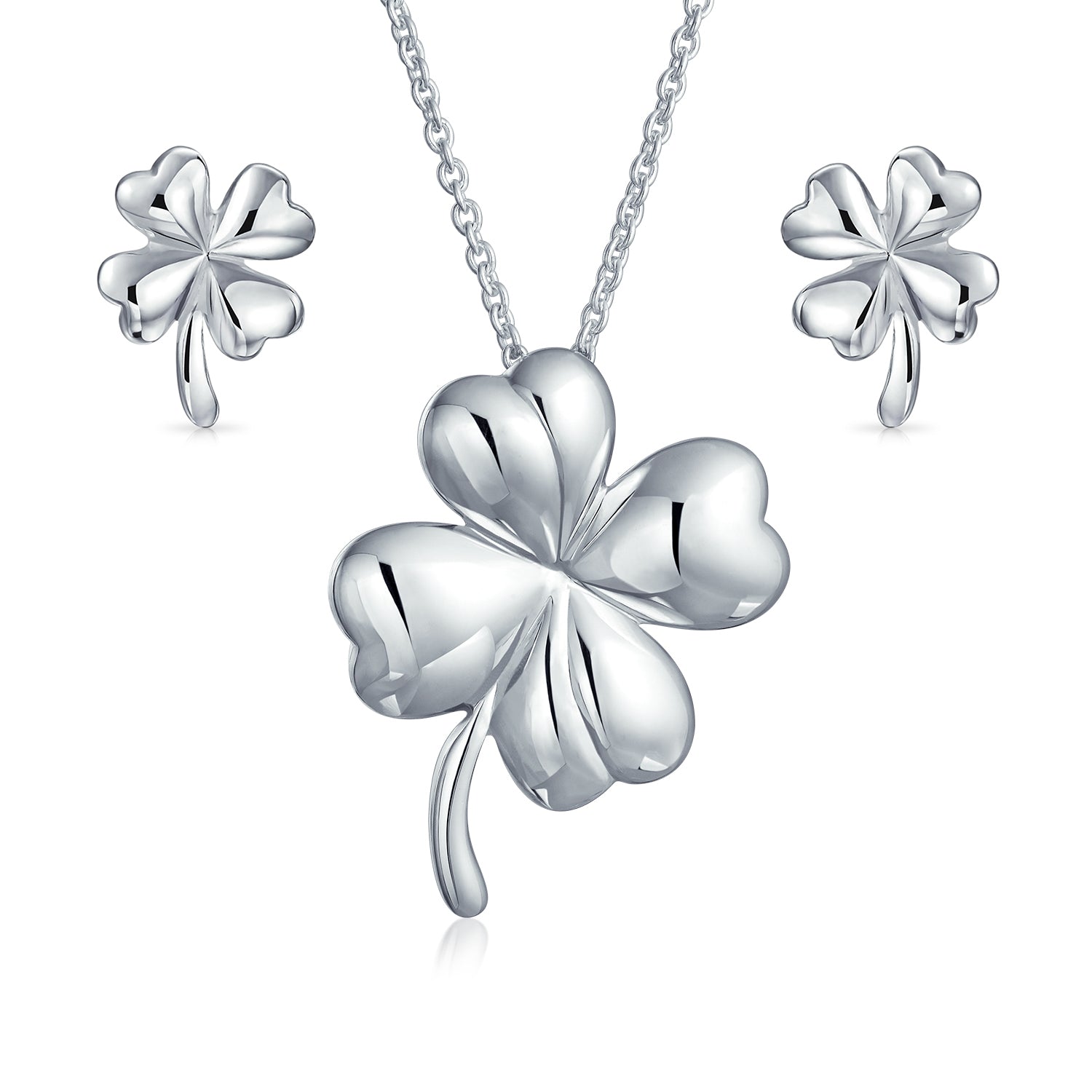 clover-silver-pendant-necklace-set-earrings_pk-91824539-set_1 Lucky Charm Clover Pendant Stud Earrings Jewelry Set Gold Plated .925 Sterling Silver - Image 1
