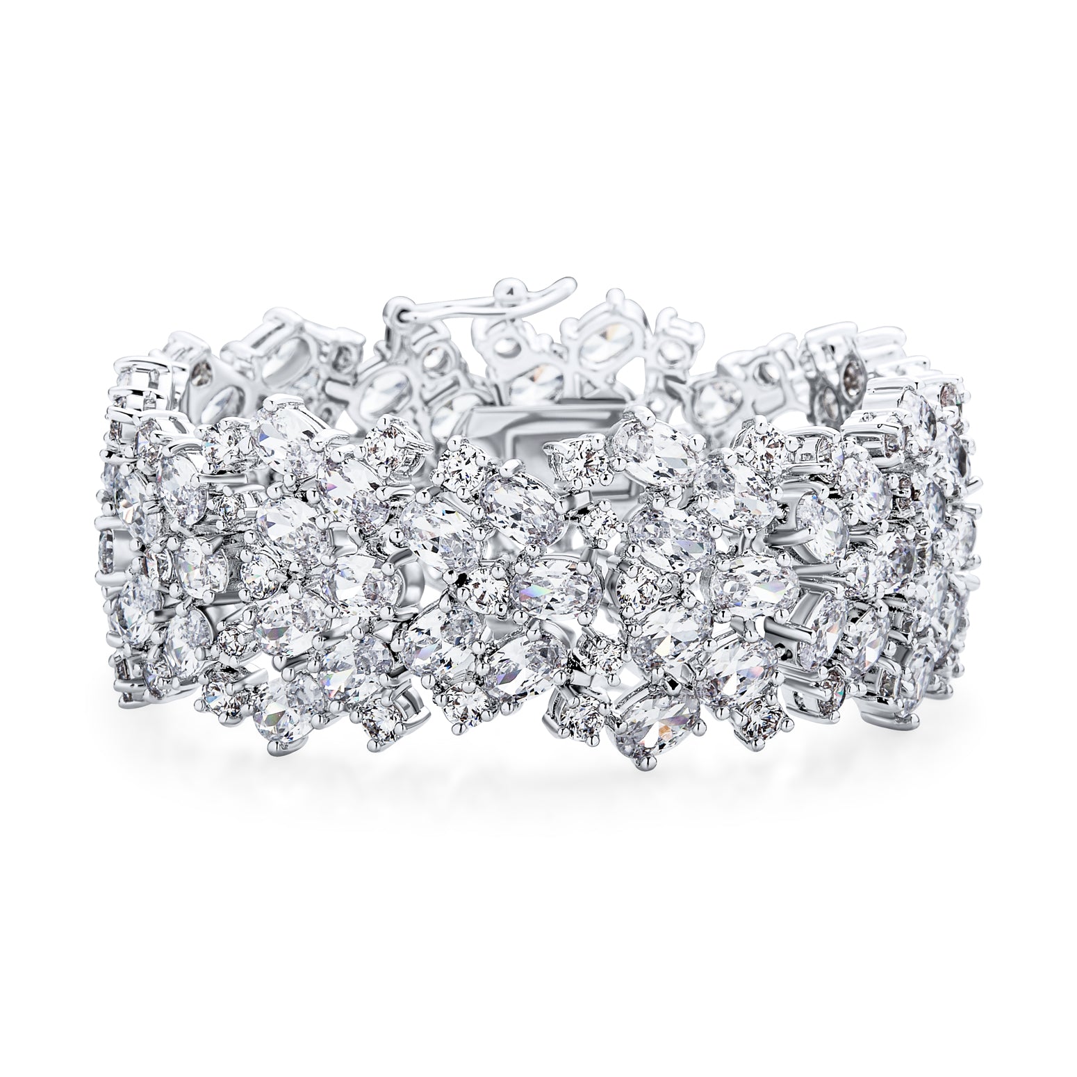 cluster-cz-bridal-tennis-bracelet_ag-bz2554si-az_1 Bridal Special Occasion Jewelry Multi Row Cluster Design Cubic Zirconia CZ Wide Statement Bracelet - Image 1