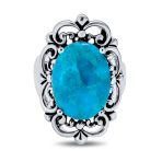 Western Style Filigree Oval Cabochon Full Finger Statement Blue Turquoise Ring Oxidized Sterling Silver