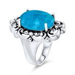 Western Style Filigree Oval Cabochon Full Finger Statement Blue Turquoise Ring Oxidized Sterling Silver - Image 2