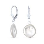 Baroque Irregular Coin Shaped White Biwa Pearl Dangle Earrings .925 Sterling Silver Lever back
