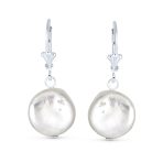 Baroque Irregular Coin Shaped White Biwa Pearl Dangle Earrings .925 Sterling Silver Lever back - Image 2