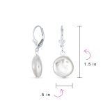 Baroque Irregular Coin Shaped White Biwa Pearl Dangle Earrings .925 Sterling Silver Lever back - Image 4