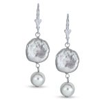White Cultured Coin Biwa Pearl Leverback Dangle Earrings .925 Sterling Silver