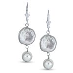 White Cultured Coin Biwa Pearl Leverback Dangle Earrings .925 Sterling Silver