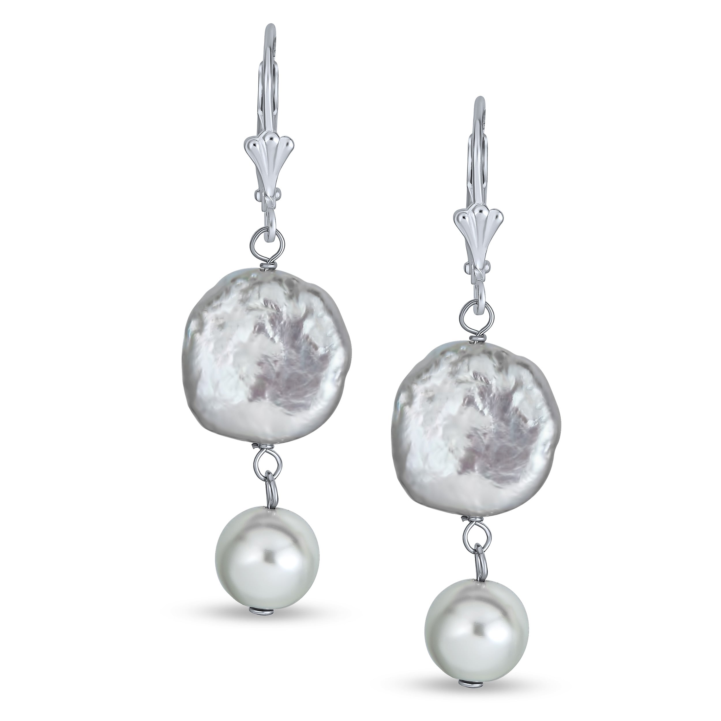 coin-pearl-earrings-drop-leverback_si-3851_11 White Cultured Coin Biwa Pearl Leverback Dangle Earrings .925 Sterling Silver - Image 1