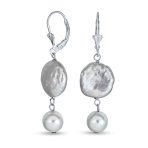 White Cultured Coin Biwa Pearl Leverback Dangle Earrings .925 Sterling Silver - Image 2