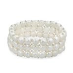 Triple Strand Wide White Button Style Freshwater Cultured Pearl Stretch Bracelet