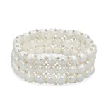 Triple Strand Wide White Button Style Freshwater Cultured Pearl Stretch Bracelet
