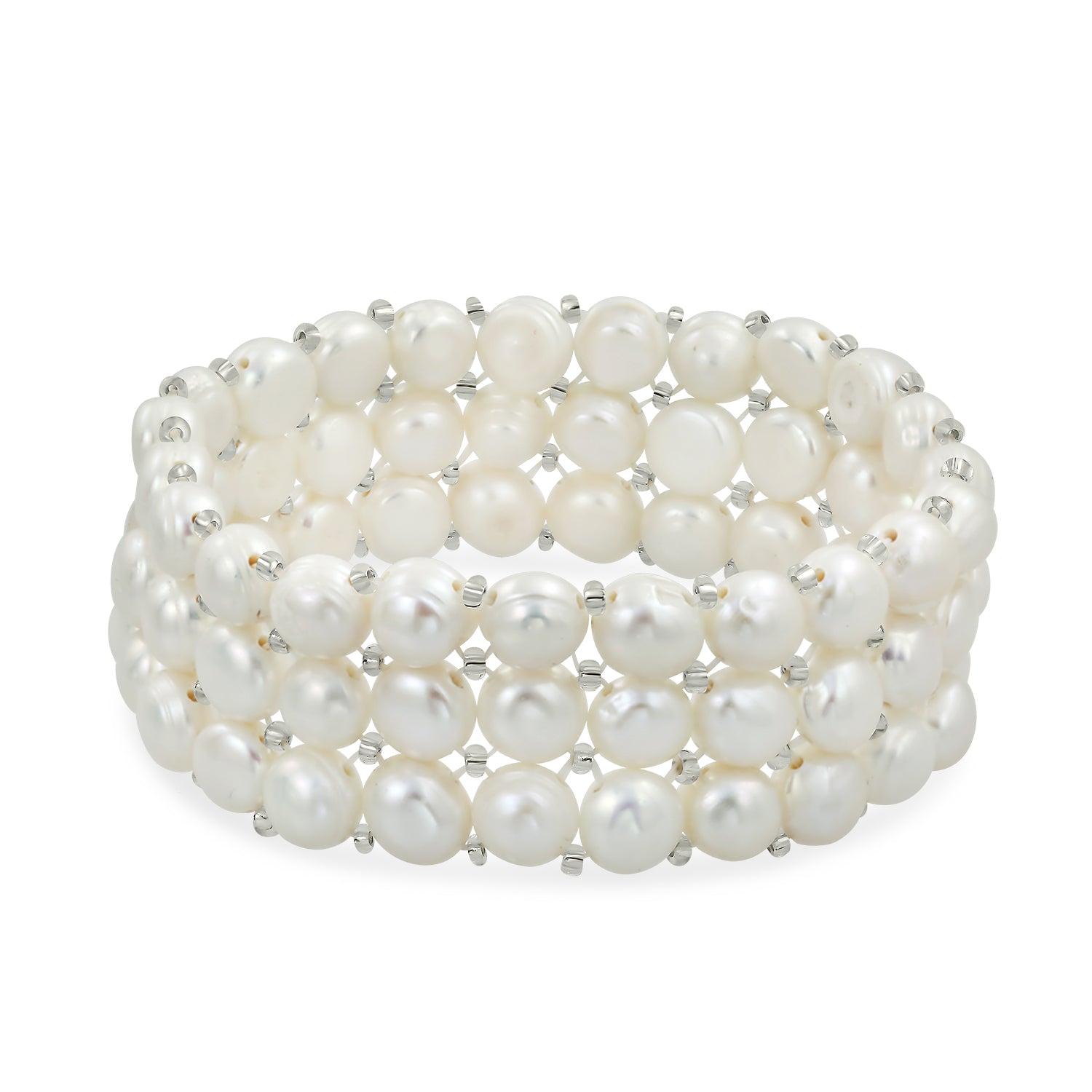 coin-pearl-stretch-bridal-bracelet_yp-f1360-wb-az_1 Triple Strand Wide White Button Style Freshwater Cultured Pearl Stretch Bracelet - Image 1