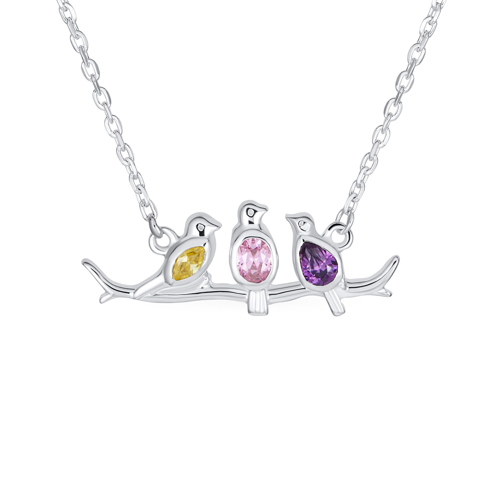 colorful-horizontal-three-birds-nature-pendant-srn-s940708n_01 Inspirational CZ Accented Pendant Necklace with Three Birds on a Branch Silver - Image 1