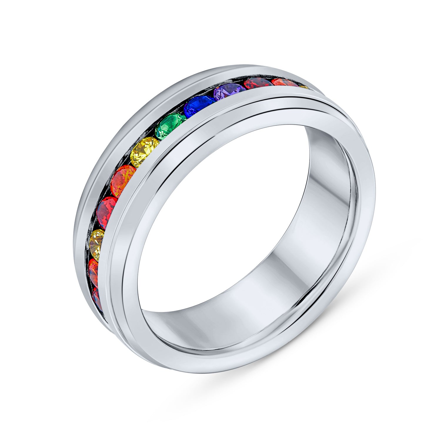 colorful-rainbow-eternity-lgbtq-ring_cdl-csr20104_1 Rainbow Mult Color CZ Eternity Ring LGBTQ Band Comfort Fit Stainless Steel - Image 1