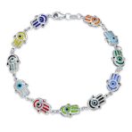 Spiritual Colorful Hamsa Hand & Evil Eye Charms Strand Bracelet Sterling Silver