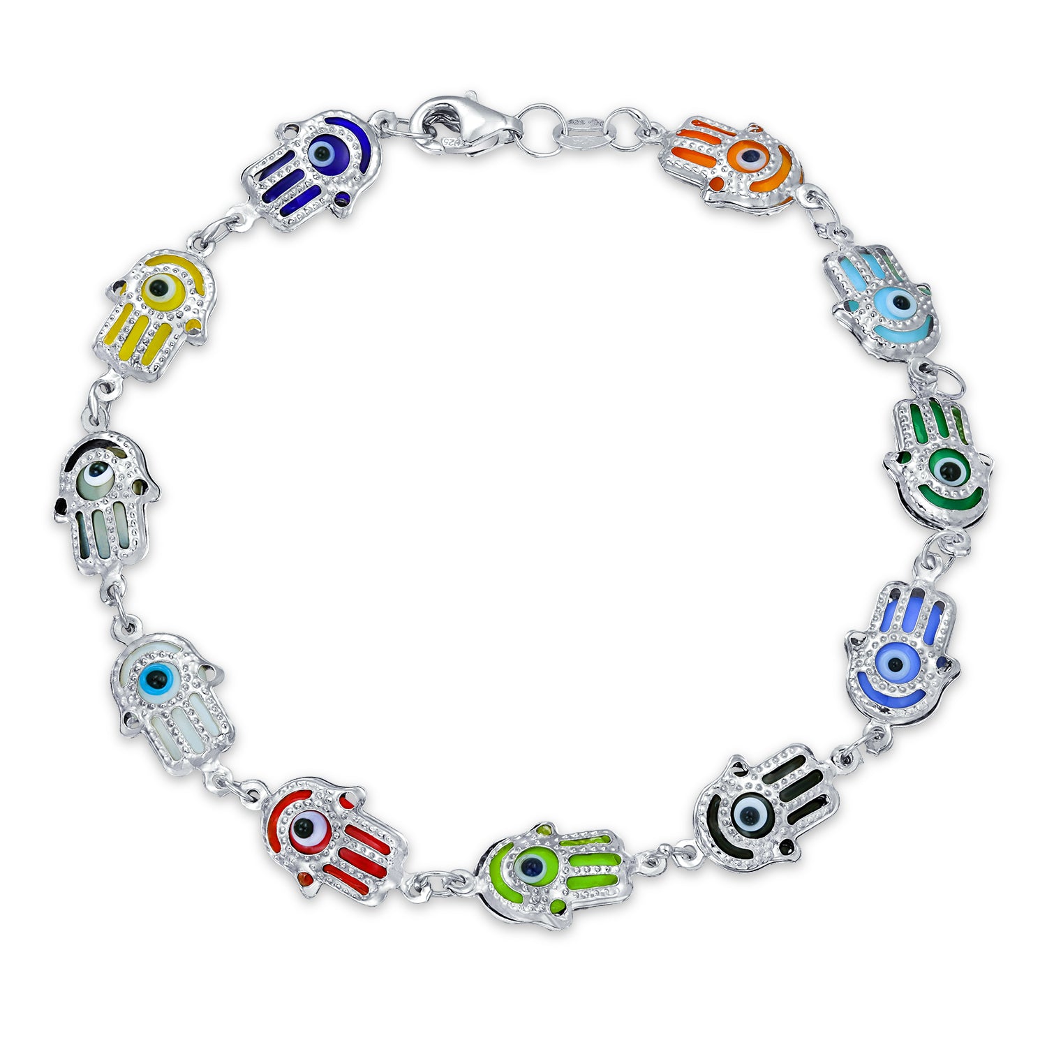 colorful-turkish-hamsa-bracelet-hand_iy-oc6001-az_1 Spiritual Colorful Hamsa Hand & Evil Eye Charms Strand Bracelet Sterling Silver - Image 1