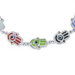 Spiritual Colorful Hamsa Hand & Evil Eye Charms Strand Bracelet Sterling Silver - Image 2
