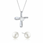 Simulated White Pearl Infinity Cross Necklace & Pearl Stud Earrings Jewelry Set Sterling Silver