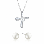 Simulated White Pearl Infinity Cross Necklace & Pearl Stud Earrings Jewelry Set Sterling Silver