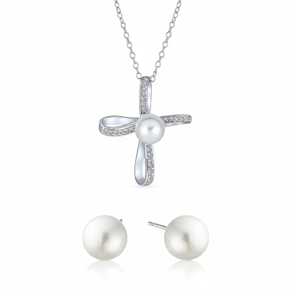 combo_20silver-white-pearl-bridal-set_std-cr23-set-az_1_jpg Simulated White Pearl Infinity Cross Necklace & Pearl Stud Earrings Jewelry Set Sterling Silver - Image 1