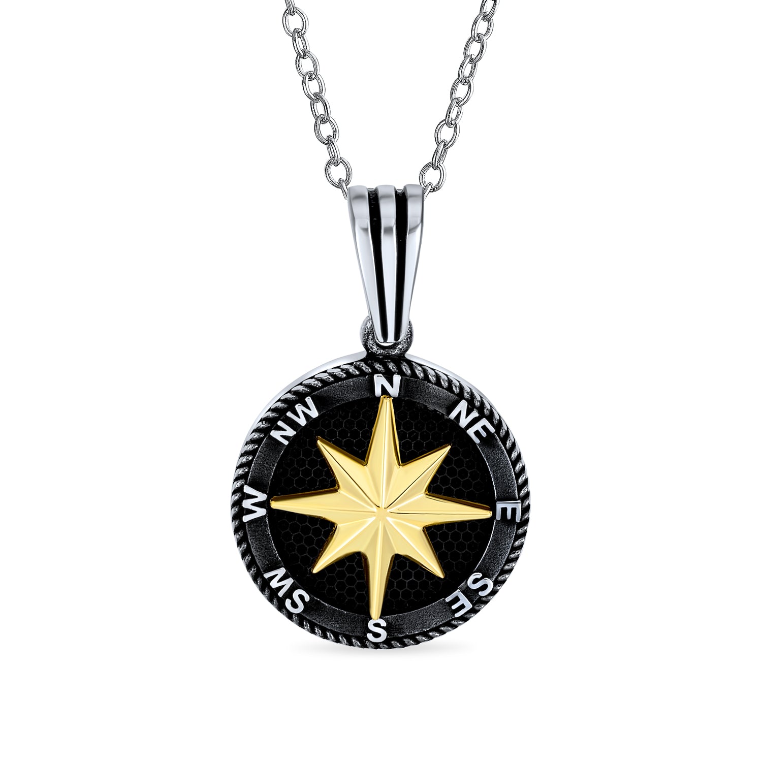 compass-black-medallion-pendant-necklace-gold_pts-ku411 Unisex Viking Compass Pendant Necklace Black Plated Sterling Silver Chain - Image 1