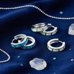 Set of 2 White & Blue Created Opal Gemstone Huggie Hoop Earrings Sterling Silver - Image 2
