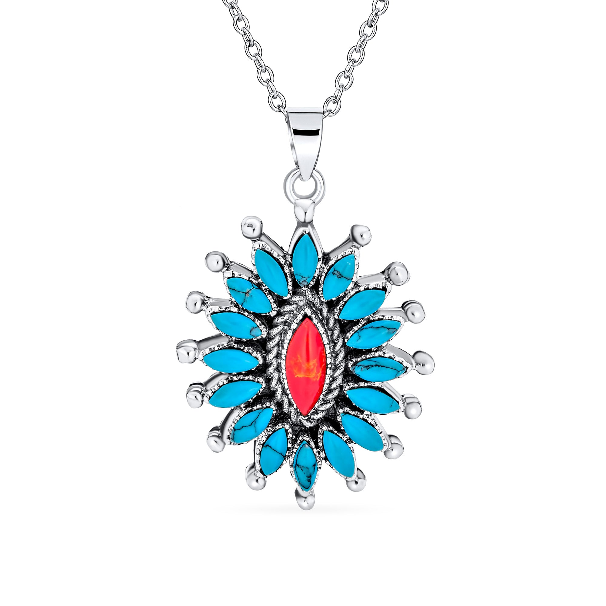 coral-turquoise-necklace-silver-southwestern_eam-tsp-7030_11 Southwestern Style Orange Blue Natural Turquoise Flower Blossom Necklace Pendant .925 Sterling Silver - Image 1