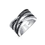 Crossover Statement Ring Two Tone Brown Black Pave CZ Rose Silver Plated Band - Image 7